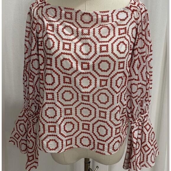 Alexis Micael Red White Eyelet Embroidered Off The Shoulder Bell Sleeve Top Med - Picture 2 of 16